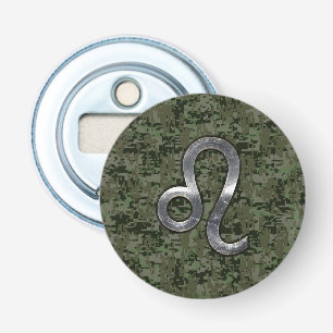 Leo Zodiac Sign on Green Digital Camo Button Flesopener
