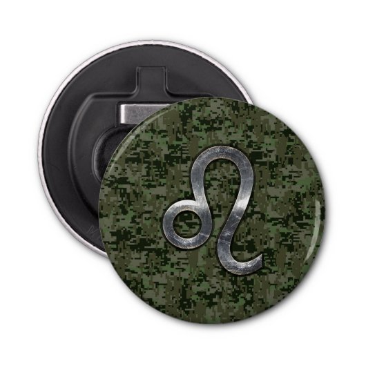 Leo Zodiac Sign on Green Digital Camo Button Flesopener (Voorkant)