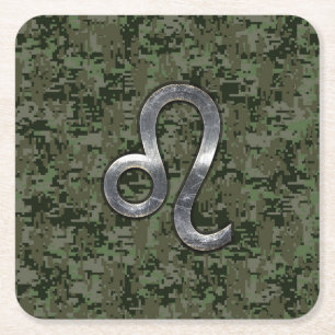 Leo Zodiac Sign on Green Digital Camo Vierkante Kartonnen Onderzetter