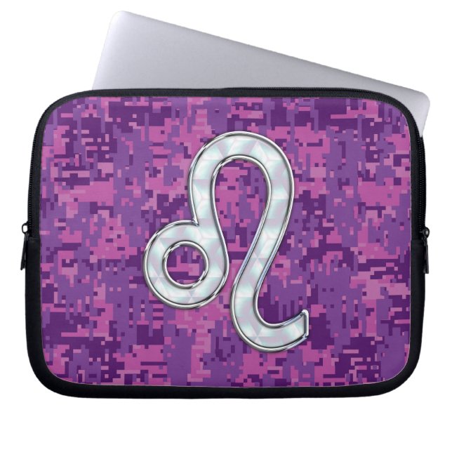 Leo Zodiac Sign on Pink Fuchsia Digital Camo Laptop Sleeve (Voorkant)