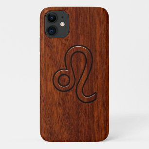Leo Zodiac Symbol in Rich Mahogany-houtstijl iPhone 11 Hoesje