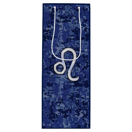 Leo Zodiac Symbool op Navy Blue Digital Camouflage Wijn Cadeautas (Voorkant)