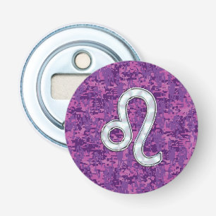 Leo Zodiac-symbool op roze Fuchsia Digital Camo Button Flesopener