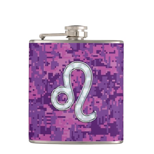 Leo Zodiac-symbool op roze Fuchsia Digital Camo Heupfles (Voorkant)