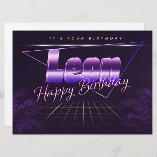 Leon Nom Prénom carte rétro lilas Anniversaire (Devant / Derrière)