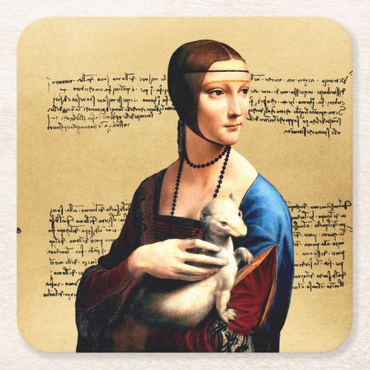 Leonardo da Vinci Dame met Ermine Vierkante Kartonnen Onderzetter (Voorkant)