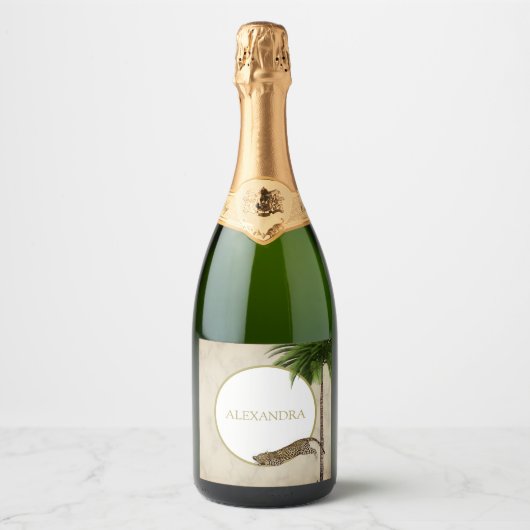 Leopard Animal Pattern Elegant Palm Party Sparkling Wijnetiket (Voorkant)