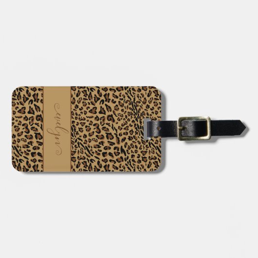 Leopard Animal Print Bruin Elegant Script Naam Bagagelabel (Voorkant horizontaal)