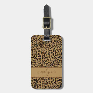 Leopard Animal Print Bruin Elegant Script Naam Bagagelabel