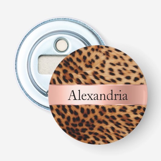 Leopard Animal Roos Pink Ribbon Naam Button Flesopener (Voorkant)