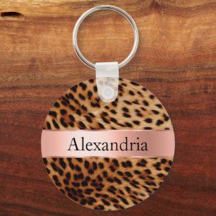 Leopard Animal Roos Pink Ribbon Naam Sleutelhanger