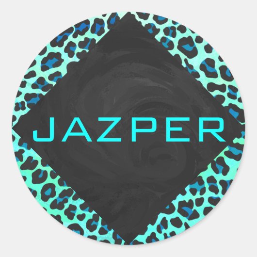 Leopard Black en Blauwgroen afdrukken Ronde Sticker (Voorkant)