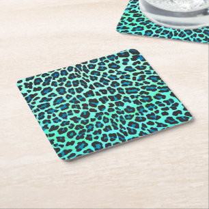Leopard Black en Blauwgroen afdrukken Vierkante Kartonnen Onderzetter
