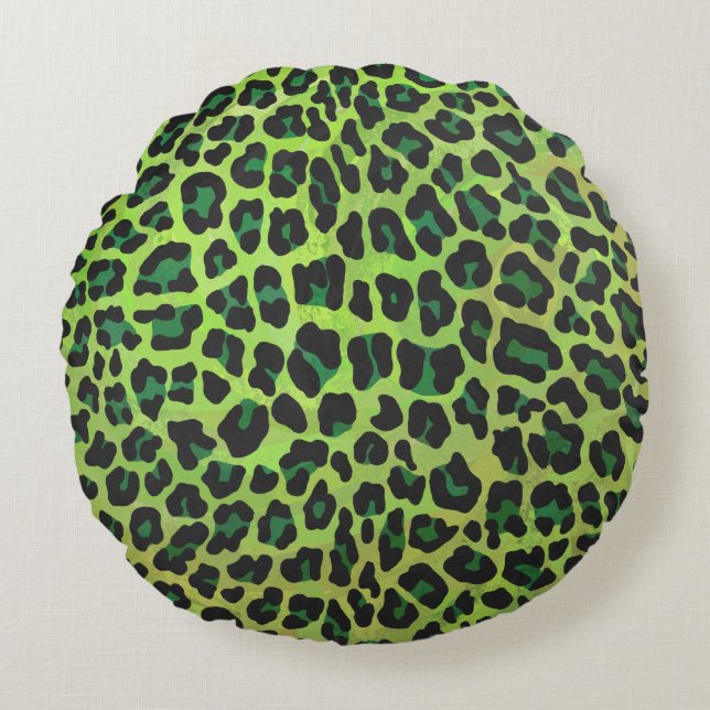 Leopard Black en Green Print Rond Kussen (Voorkant)