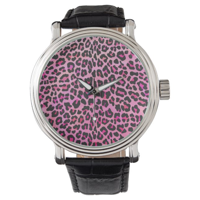 Leopard Black en Hot Pink Print Horloge (Voorkant)