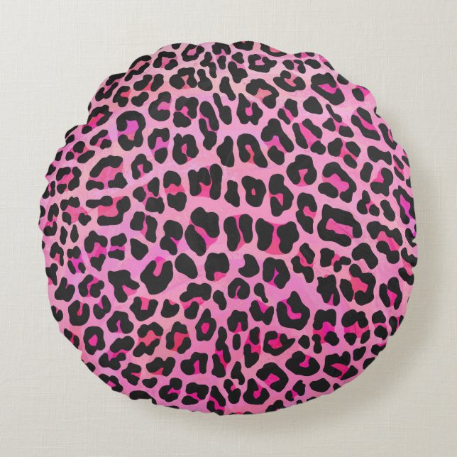 Leopard Black en Hot Pink Print Rond Kussen (Voorkant)