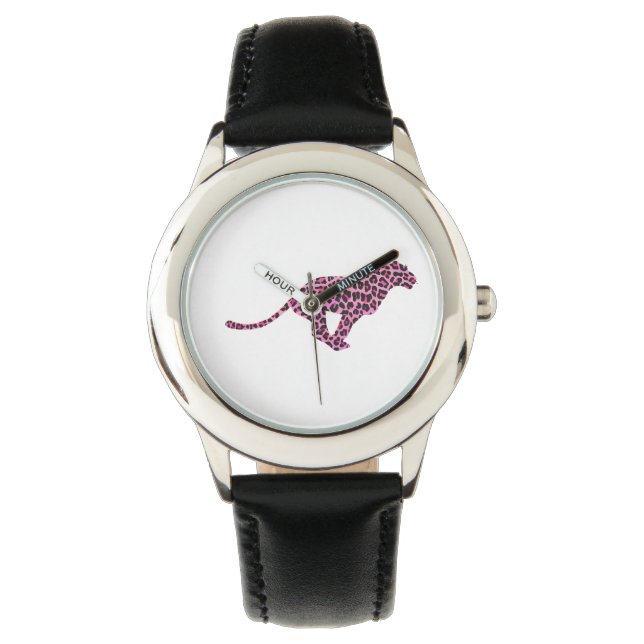 Leopard Black en Hot Pink Print Siloette Horloge (Voorkant)
