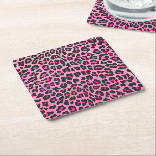 Leopard Black en Hot Pink Print Vierkante Kartonnen Onderzetter