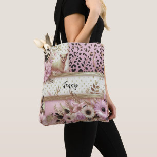 Leopard Bloemen Roze Goud Gepersonaliseerd Draagtas