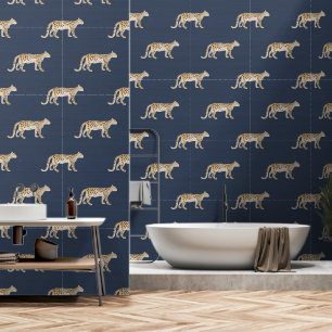 Leopard Botanische Natuur Waterverf Navy Blauw Behang