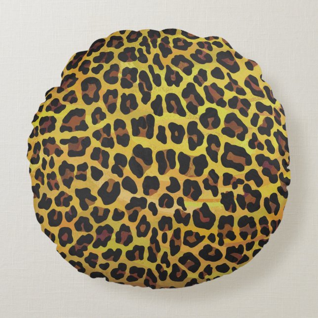 Leopard Brown and Yellow Print Rond Kussen (Voorkant)