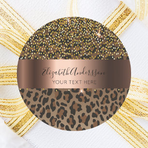 Leopard brown black confetti glazen name text ronde sticker