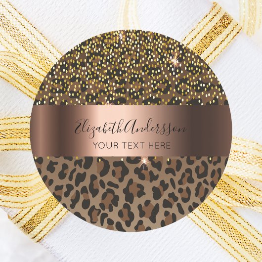 Leopard brown black confetti glazen name text ronde sticker