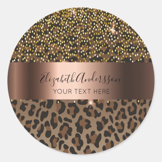 Leopard brown black confetti glazen name text ronde sticker (Voorkant)