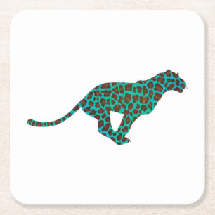 Leopard Brown en Blauwgroen Print Vierkante Kartonnen Onderzetter