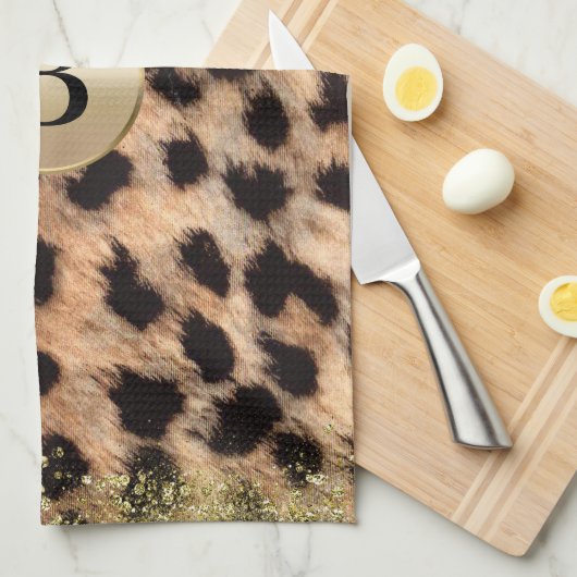Leopard Cheetah Animal print Gold Glitter Monogram Theedoek (Quarter Fold)