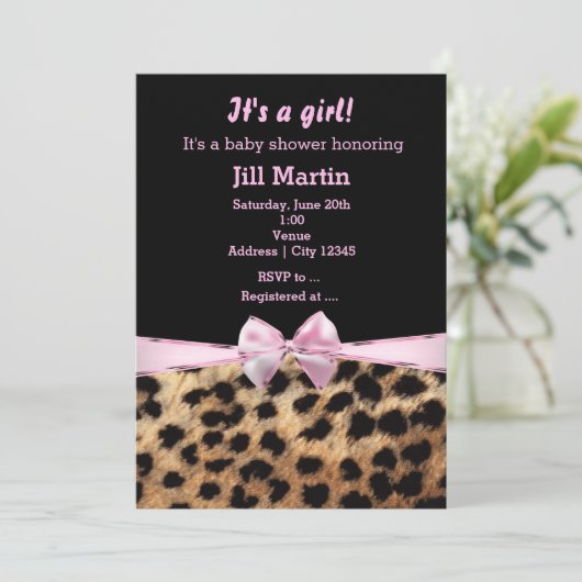 Leopard Cheetah Black Pink Bow Girls Uitnodiging (Staand voorkant)