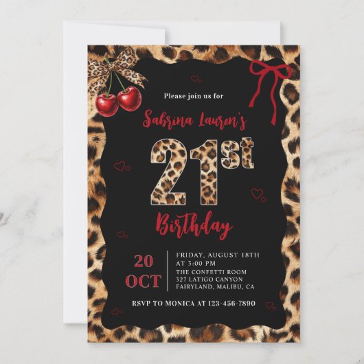 Leopard Cheetah Cherry 21st Birthday Invitation (Devant)