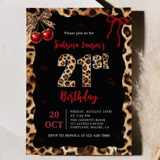 Leopard Cheetah Cherry 21st Birthday Invitation