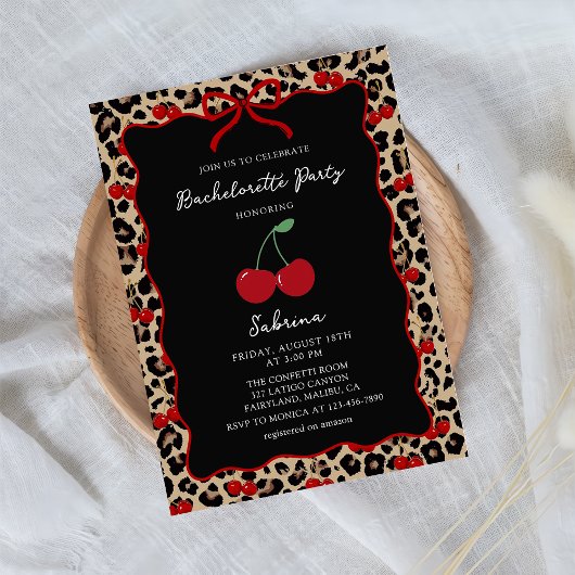 Leopard Cheetah Cherry Bachelorette Invitation Kaart