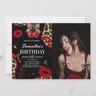 Leopard Cheetah Coquette Cherry Birthday Photo Kaart