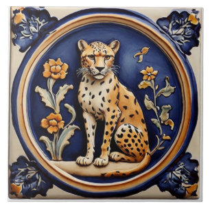 Leopard Cheetah & Flowers Donkerblauw Antiek Tegeltje