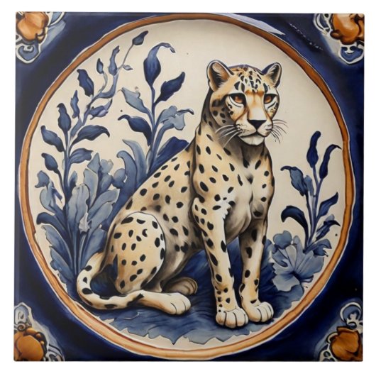 Leopard Cheetah Navy Blauw Antiek Vintage Tegeltje (Voorkant)
