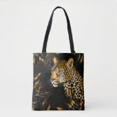 Leopard Cheetah Print Zwart Goud Oerwoud Bladeren Draagtas (Voorkant)