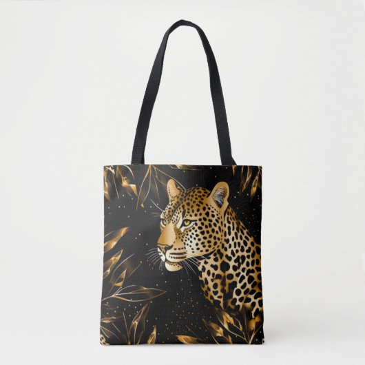 Leopard Cheetah Print Zwart Goud Oerwoud Bladeren Draagtas (Voorkant)