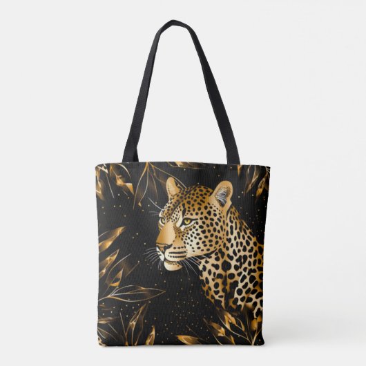 Leopard Cheetah Print Zwart Goud Oerwoud Bladeren Draagtas (Achterkant)