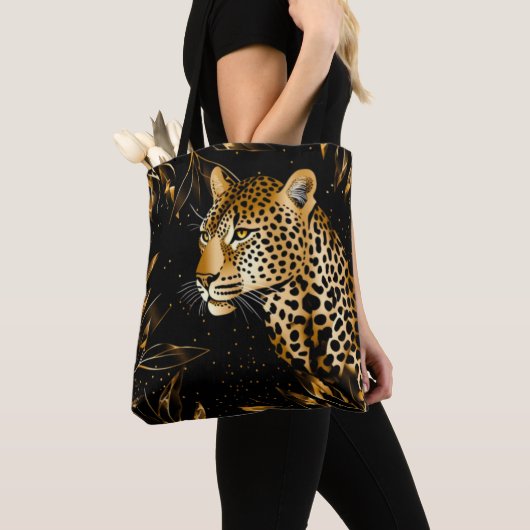 Leopard Cheetah Print Zwart Goud Oerwoud Bladeren Draagtas (Dichtbij)
