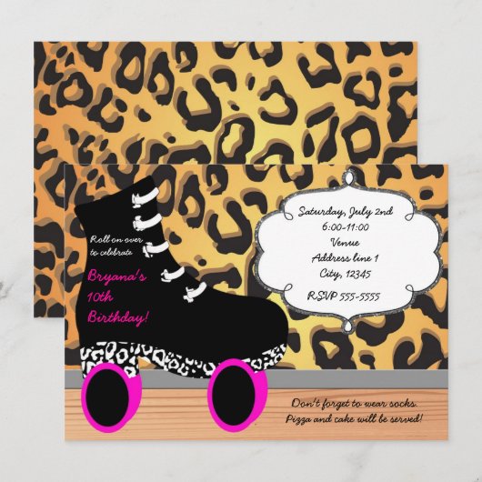 Leopard Cheetah Roller Patinage Invitation (Devant / Derrière)