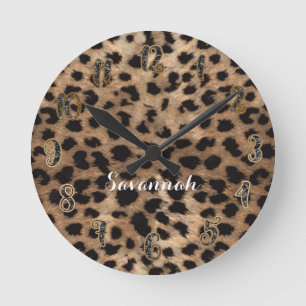 Leopard Cheetah Tan Brown Black, gepersonaliseerd Ronde Klok