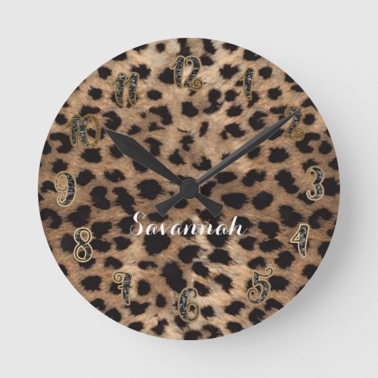 Leopard Cheetah Tan Brown Black, gepersonaliseerd Ronde Klok (Voorkant)