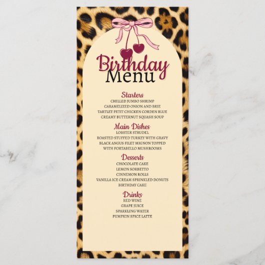 Leopard Cherry Pink Bow Birthday  Menu (Voorkant)