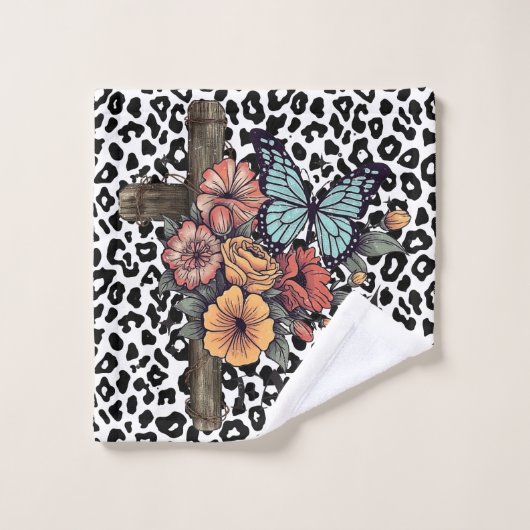 Léopard des neiges croisé, Fleurs et Papillons (Gant de toilette)