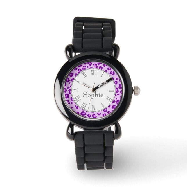 Leopard dierenprint paarse naam polshorloge horloge (Voorkant)