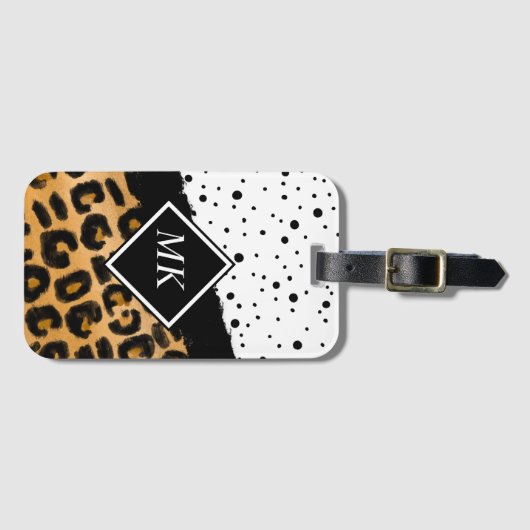 Leopard en Black and White Polka Dots Monogramed Bagagelabel (Voorkant (horizontaal))