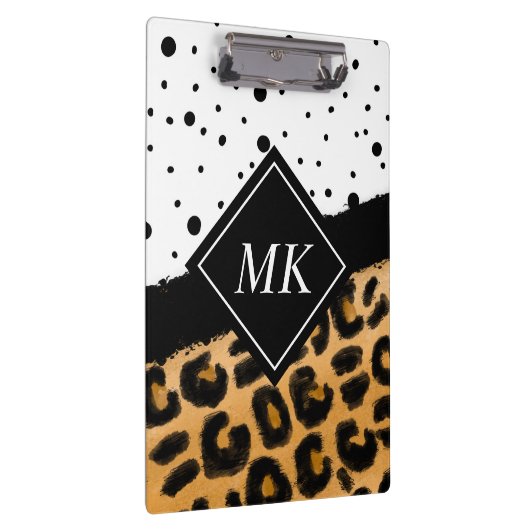 Leopard en Black and White Polka Dots Monogramed Klembord (Rechts)