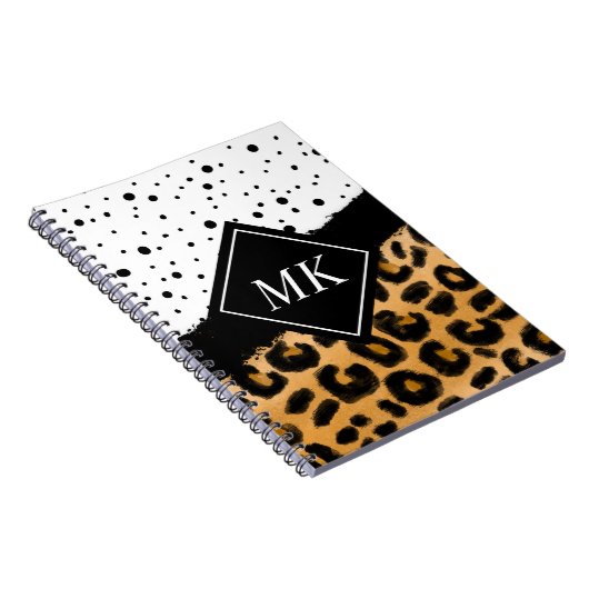 Leopard en Black and White Polka Dots Monogramed Notitieboek (Rechterzijde)
